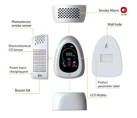 Good price GZAIR PT03 5-in-1 Air Quality Monitor - CO/Smoke/Temp/Humidity Detection, WiFi Connectivity, Wall-Mounted/Desktop Dual Installation online